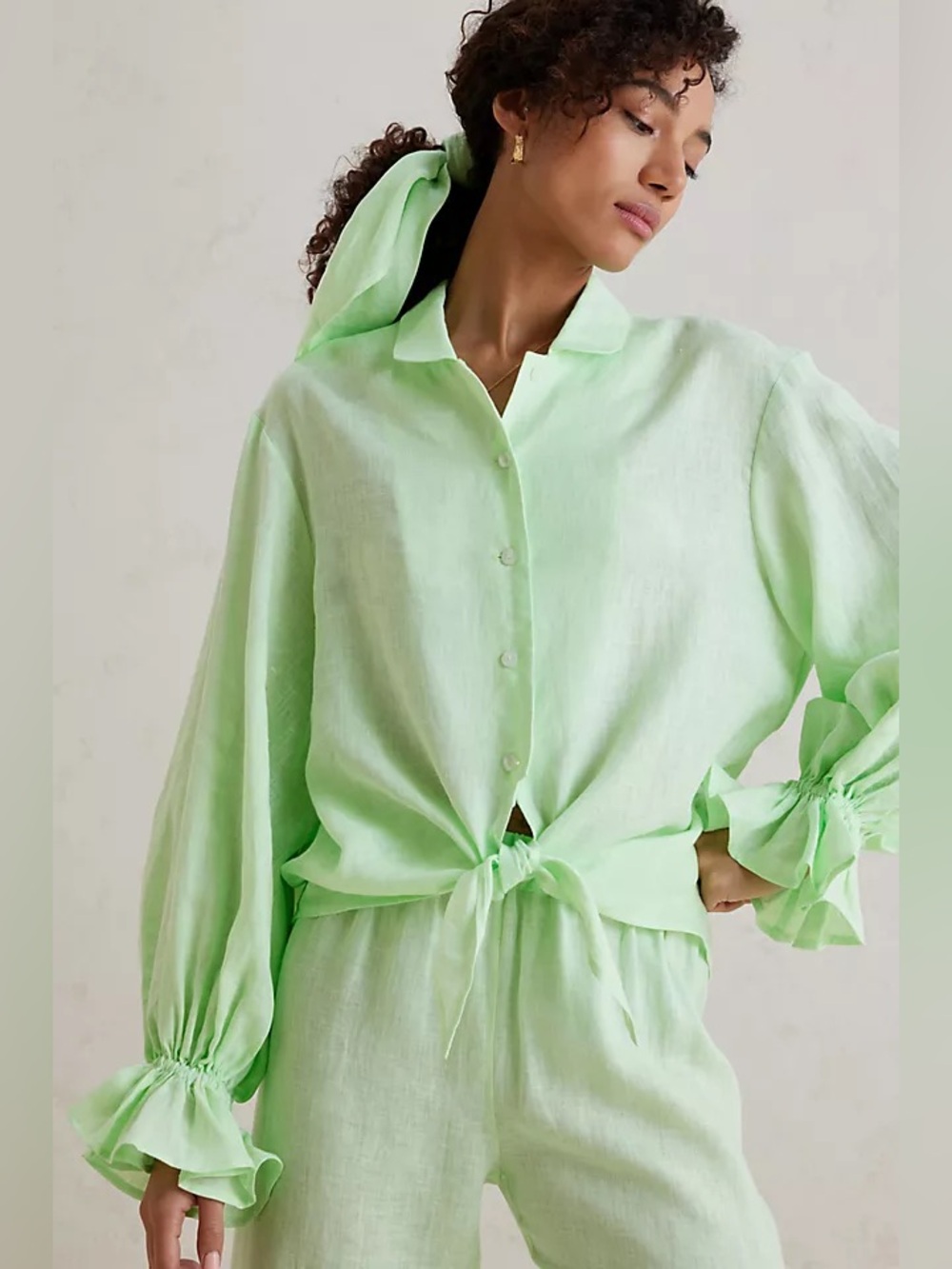 Sleeper Light Green Linen Tie-Front Button Down Shirt